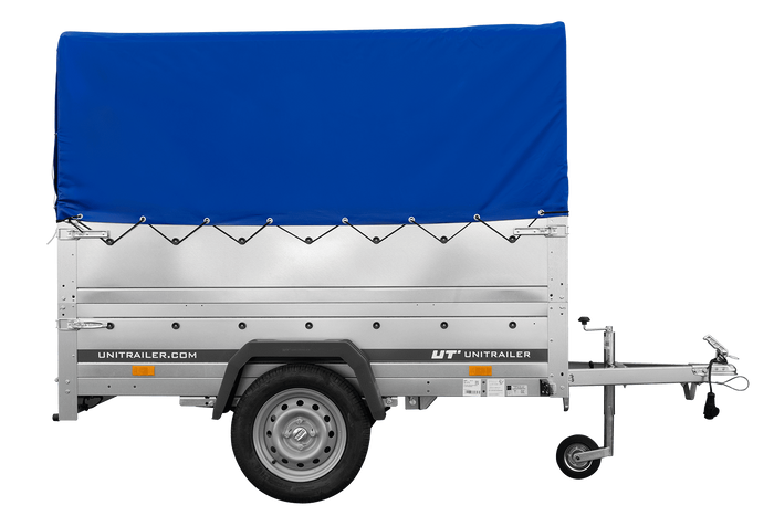 Leichtanhänger auf Blattfedern 200×125 UNITRAILER GARDEN 201/R KIPP mit BIS-Seiten, H-800-Rahmen und blauer Plane-Neu