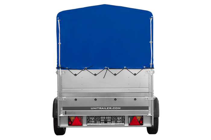Leichtanhänger auf Blattfedern 200×125 UNITRAILER GARDEN 201/R KIPP mit BIS-Seiten, H-800-Rahmen und blauer Plane-Neu