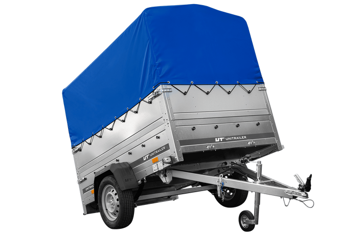 Leichtanhänger auf Blattfedern 200×125 UNITRAILER GARDEN 201/R KIPP mit BIS-Seiten, H-800-Rahmen und blauer Plane-Neu