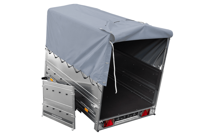 Leichtanhänger auf Blattfedern 200×125 UNITRAILER GARDEN 201/R KIPP mit BIS-Seiten, H-800-Rahmen und grauer Plane-Neu
