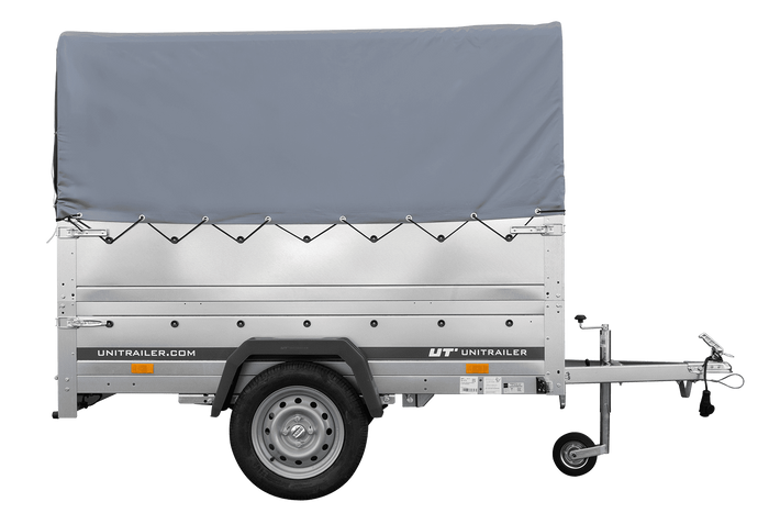 Leichtanhänger auf Blattfedern 200×125 UNITRAILER GARDEN 201/R KIPP mit BIS-Seiten, H-800-Rahmen und grauer Plane-Neu