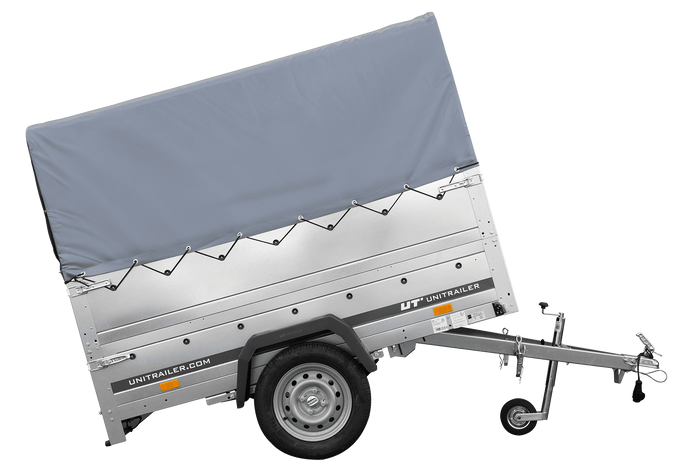 Leichtanhänger auf Blattfedern 200×125 UNITRAILER GARDEN 201/R KIPP mit BIS-Seiten, H-800-Rahmen und grauer Plane-Neu