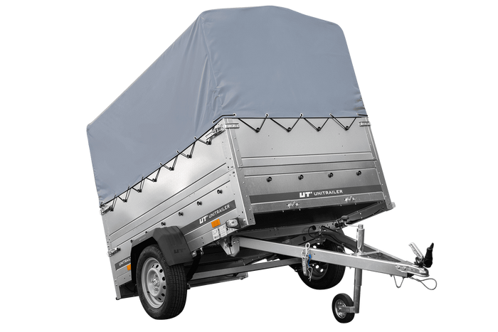 Leichtanhänger auf Blattfedern 200×125 UNITRAILER GARDEN 201/R KIPP mit BIS-Seiten, H-800-Rahmen und grauer Plane-Neu