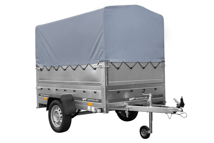 Leichtanhänger auf Blattfedern 200×125 UNITRAILER GARDEN 201/R KIPP mit BIS-Seiten, H-800-Rahmen und grauer Plane-Neu