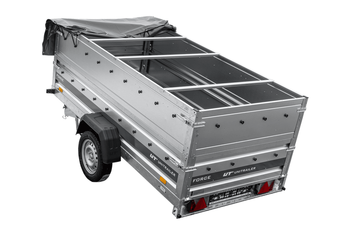 Leichter Anhänger 264×125 UNITRAILER FORCE 264 KIPP mit BIS-Seitenwänden, H-0-Rahmen und grauer Plane-Neu