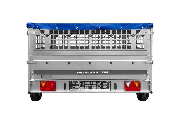 Leichter Anhänger auf Blattedern 264×150 UNITRAILER GARDEN 265/R KIPP mit Gitterwänden, H-0-Rahmen und blauer Plane-Neu