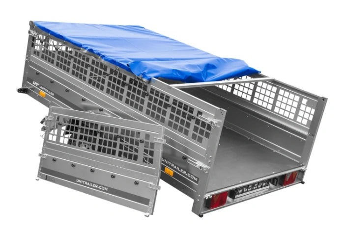 Leichter Anhänger auf Blattedern 264×150 UNITRAILER GARDEN 265/R KIPP mit Gitterwänden, H-0-Rahmen und blauer Plane-Neu