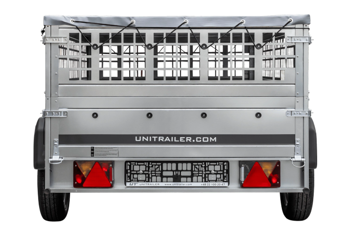 Leichter Anhänger auf Blattfedern 230×125 UNITRAILER GARDEN 230/R KIPP mit Gitterwänden, H-0-Rahmen und grauer Plane-Neu