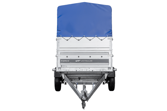 Leichter Anhänger auf Blattfedern 264×125 UNITRAILER FORCE 264/R KIPP mit BIS-Seitenwänden, H-800-Rahmen und blauer Plane-Neu