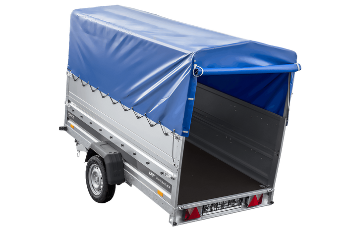 Leichter Anhänger auf Blattfedern 264×125 UNITRAILER FORCE 264/R KIPP mit BIS-Seitenwänden, H-800-Rahmen und blauer Plane-Neu