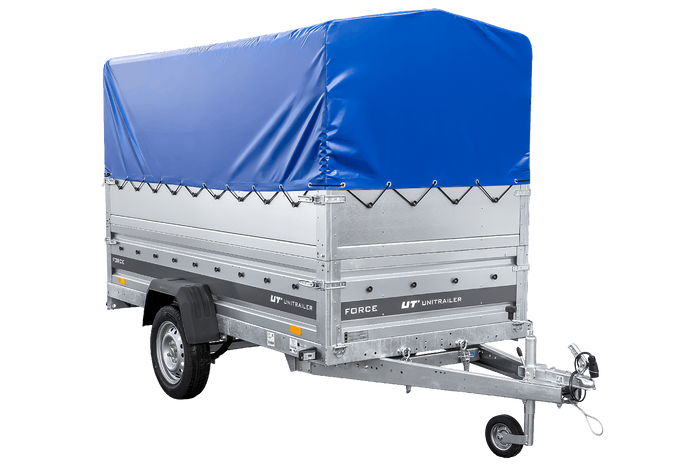 Leichter Anhänger auf Blattfedern 264×125 UNITRAILER FORCE 264/R KIPP mit BIS-Seitenwänden, H-800-Rahmen und blauer Plane-Neu