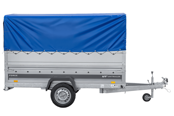 Leichter Anhänger auf Blattfedern 264×125 UNITRAILER FORCE 264/R KIPP mit BIS-Seitenwänden, H-800-Rahmen und blauer Plane-Neu