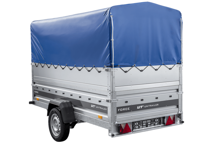 Leichter Anhänger auf Blattfedern 264×125 UNITRAILER FORCE 264/R KIPP mit BIS-Seitenwänden, H-800-Rahmen und blauer Plane-Neu