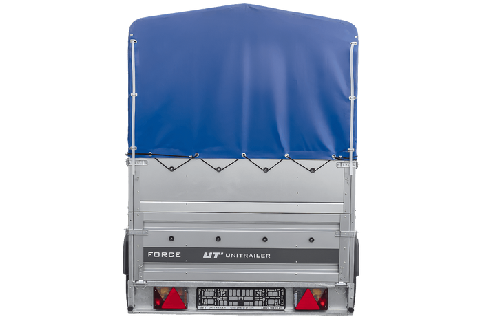 Leichter Anhänger auf Blattfedern 264×125 UNITRAILER FORCE 264/R KIPP mit BIS-Seitenwänden, H-800-Rahmen und blauer Plane-Neu