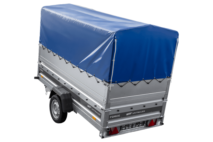 Leichter Anhänger auf Blattfedern 264×125 UNITRAILER FORCE 264/R KIPP mit BIS-Seitenwänden, H-800-Rahmen und blauer Plane-Neu