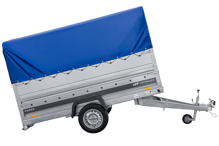 Leichter Anhänger auf Blattfedern 264×125 UNITRAILER FORCE 264/R KIPP mit BIS-Seitenwänden, H-800-Rahmen und blauer Plane-Neu