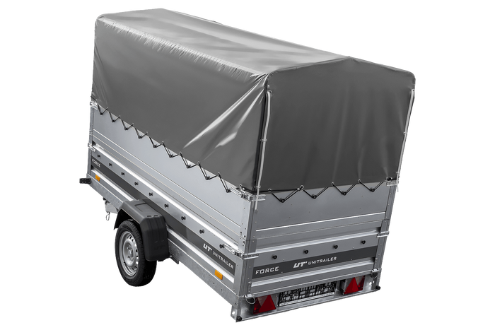 Leichter Anhänger auf Blattfedern 264×125 UNITRAILER FORCE 264/R KIPP mit BIS-Seitenwänden, H-800-Rahmen und grauer Plane-Neu