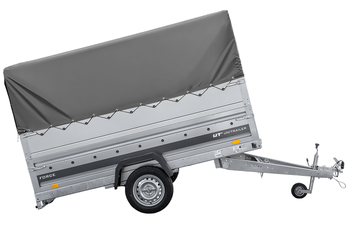 Leichter Anhänger auf Blattfedern 264×125 UNITRAILER FORCE 264/R KIPP mit BIS-Seitenwänden, H-800-Rahmen und grauer Plane-Neu