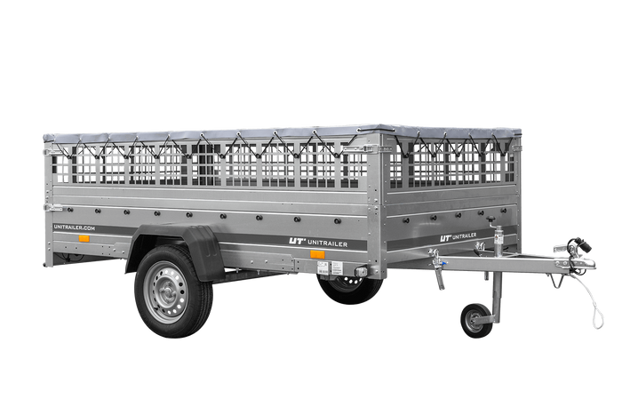 Leichter Anhänger auf Blattfedern 264×150 UNITRAILER GARDEN 265/R KIPP mit Gitterwänden, H-0 Rahmen und grauer Plane-Neu