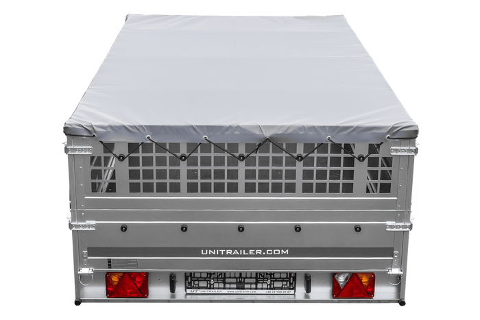 Leichter Anhänger auf Blattfedern 264×150 UNITRAILER GARDEN 265/R KIPP mit Gitterwänden, H-0 Rahmen und grauer Plane-Neu