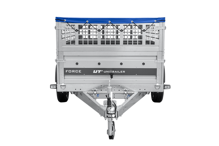 Leichter Anhänger auf Federn 230×125 UNITRAILER FORCE 230/R KIPP mit Gitterwänden, H-0-Rahmen und blauer Plane-Neu