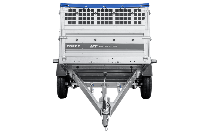 Leichter Anhänger auf Federn 230×125 UNITRAILER FORCE 230/R KIPP mit Gitterwänden, H-0-Rahmen und blauer Plane-Neu