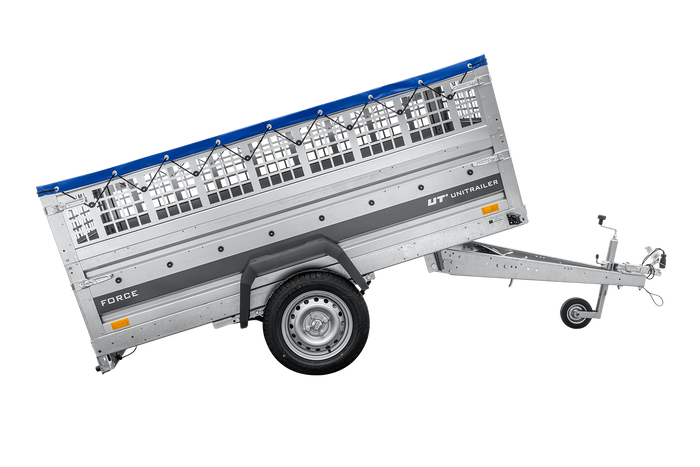 Leichter Anhänger auf Federn 230×125 UNITRAILER FORCE 230/R KIPP mit Gitterwänden, H-0-Rahmen und blauer Plane-Neu