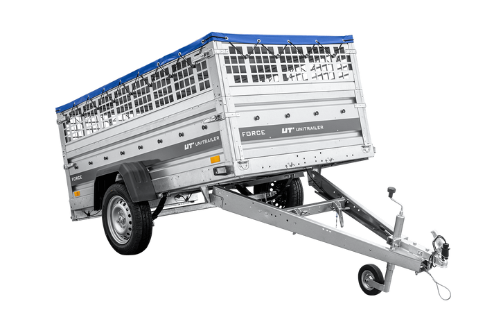 Leichter Anhänger auf Federn 230×125 UNITRAILER FORCE 230/R KIPP mit Gitterwänden, H-0-Rahmen und blauer Plane-Neu
