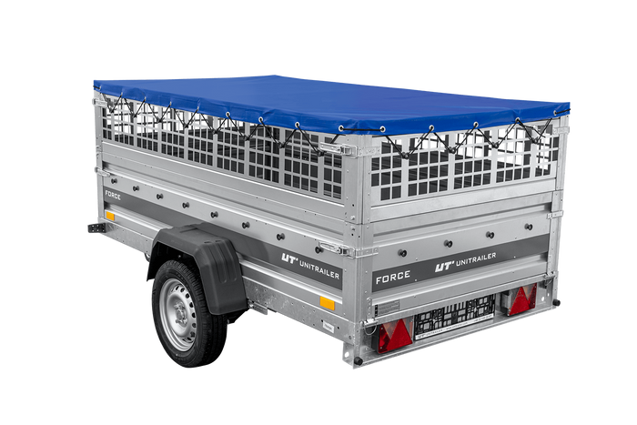Leichter Anhänger auf Federn 230×125 UNITRAILER FORCE 230/R KIPP mit Gitterwänden, H-0-Rahmen und blauer Plane-Neu