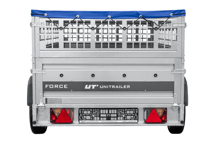 Leichter Anhänger auf Federn 230×125 UNITRAILER FORCE 230/R KIPP mit Gitterwänden, H-0-Rahmen und blauer Plane-Neu