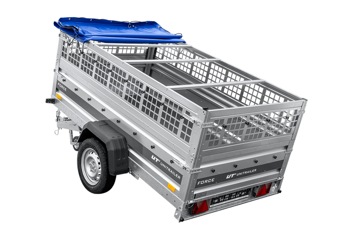 Leichter Anhänger auf Federn 230×125 UNITRAILER FORCE 230/R KIPP mit Gitterwänden, H-0-Rahmen und blauer Plane-Neu