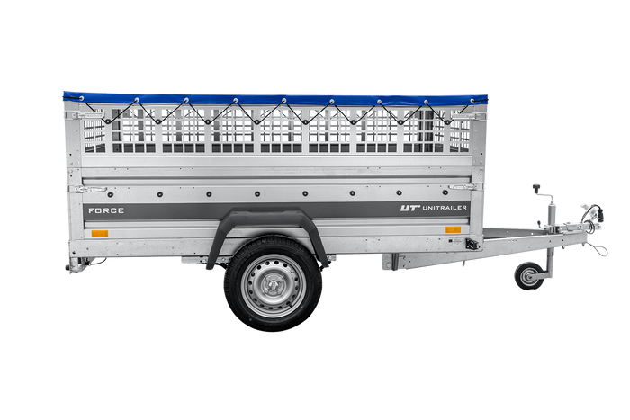 Leichter Anhänger auf Federn 230×125 UNITRAILER FORCE 230/R KIPP mit Gitterwänden, H-0-Rahmen und blauer Plane-Neu