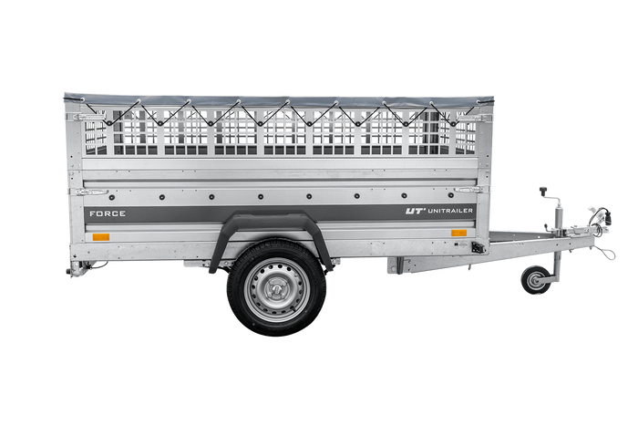 Leichter Anhänger auf Federn 230×125 UNITRAILER FORCE 230/R KIPP mit Gitterwänden, H-0-Rahmen und grauer Plane-Neu