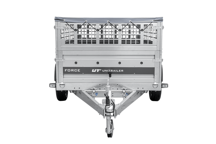 Leichter Anhänger auf Federn 230×125 UNITRAILER FORCE 230/R KIPP mit Gitterwänden, H-0-Rahmen und grauer Plane-Neu