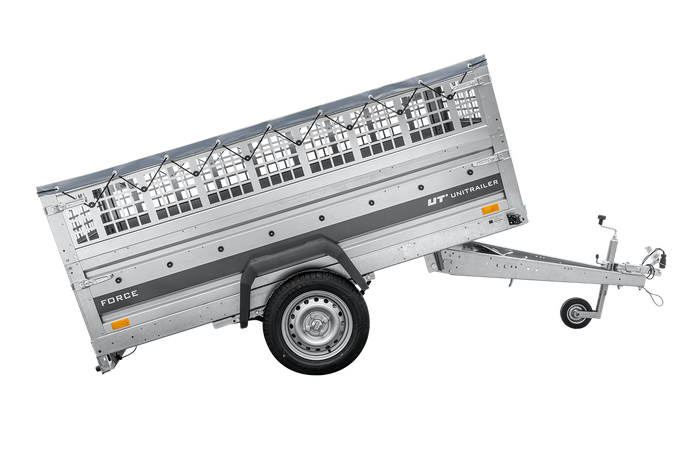 Leichter Anhänger auf Federn 230×125 UNITRAILER FORCE 230/R KIPP mit Gitterwänden, H-0-Rahmen und grauer Plane-Neu