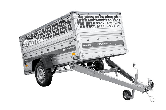 Leichter Anhänger auf Federn 230×125 UNITRAILER FORCE 230/R KIPP mit Gitterwänden, H-0-Rahmen und grauer Plane-Neu