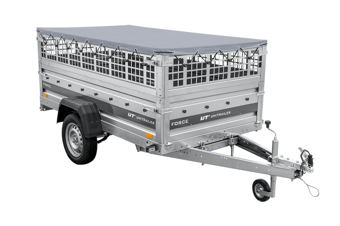 Leichter Anhänger auf Federn 230×125 UNITRAILER FORCE 230/R KIPP mit Gitterwänden, H-0-Rahmen und grauer Plane-Neu