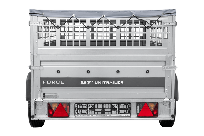 Leichter Anhänger auf Federn 230×125 UNITRAILER FORCE 230/R KIPP mit Gitterwänden, H-0-Rahmen und grauer Plane-Neu