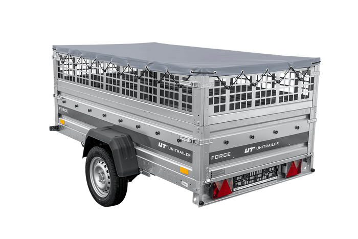 Leichter Anhänger auf Federn 230×125 UNITRAILER FORCE 230/R KIPP mit Gitterwänden, H-0-Rahmen und grauer Plane-Neu