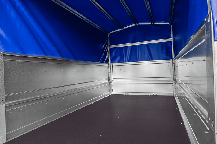 PKW-Anhänger 230×125 UNITRAILER GARDEN 230 FD mit BIS-Bordwänden, H-800-Gestell und blauer Plane-Neu