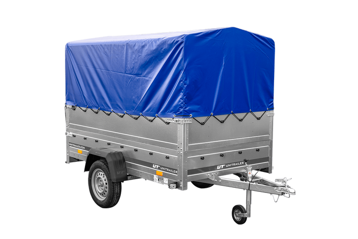 PKW-Anhänger 230×125 UNITRAILER GARDEN 230 FD mit BIS-Bordwänden, H-800-Gestell und blauer Plane-Neu