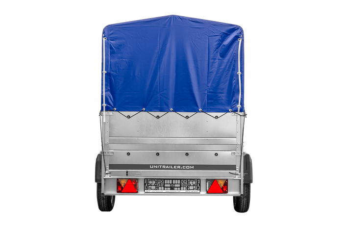 PKW-Anhänger 230×125 UNITRAILER GARDEN 230 FD mit BIS-Bordwänden, H-800-Gestell und blauer Plane-Neu