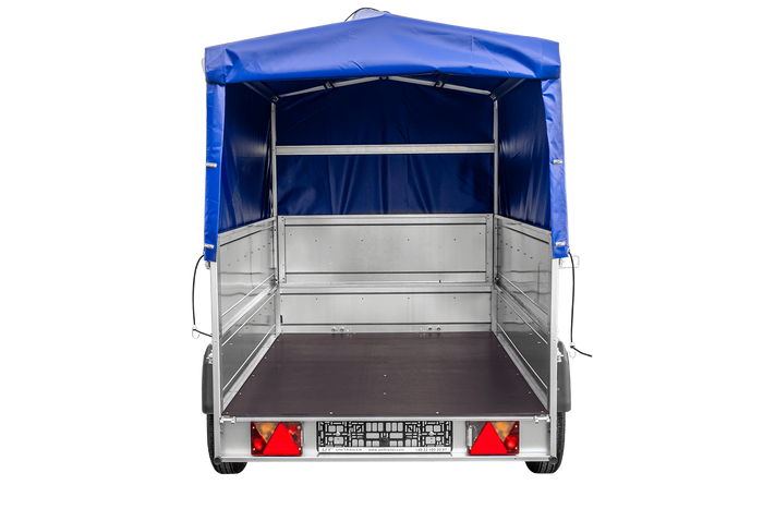 PKW-Anhänger 230×125 UNITRAILER GARDEN 230 FD mit BIS-Bordwänden, H-800-Gestell und blauer Plane-Neu