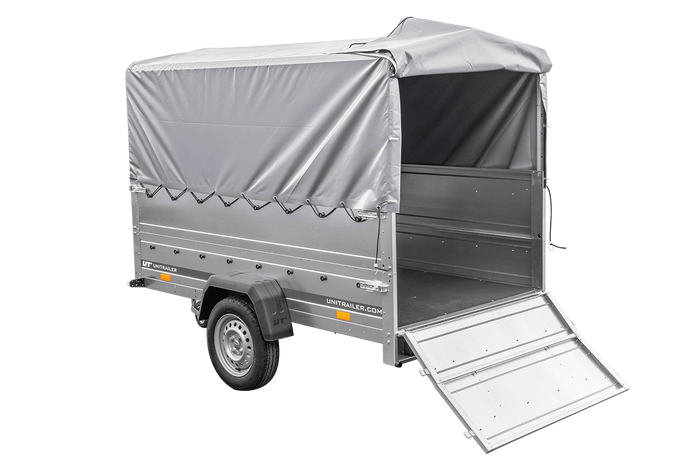 PKW-Anhänger 230×125 UNITRAILER GARDEN 230 FD mit BIS-Seiten, H-800-Gestell und grauer Plane-Neu