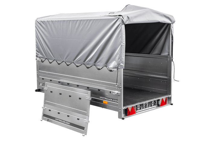 PKW-Anhänger 230×125 UNITRAILER GARDEN 230 FD mit BIS-Seiten, H-800-Gestell und grauer Plane-Neu