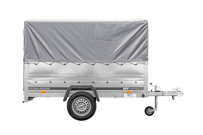 PKW-Anhänger 230×125 UNITRAILER GARDEN 230 FD mit BIS-Seiten, H-800-Gestell und grauer Plane-Neu