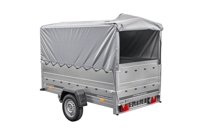 PKW-Anhänger 230×125 UNITRAILER GARDEN 230 FD mit BIS-Seiten, H-800-Gestell und grauer Plane-Neu