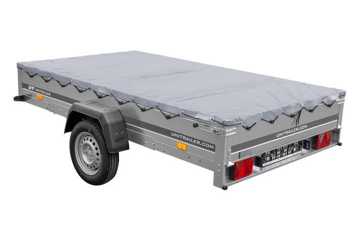 PKW Anhänger 264×150 UNITRAILER GARDEN 265 KIPP mit Flachplanenträger und grauer Plane-Neu
