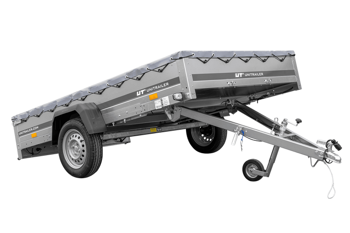 PKW Anhänger 264×150 UNITRAILER GARDEN 265 KIPP mit Flachplanenträger und grauer Plane-Neu