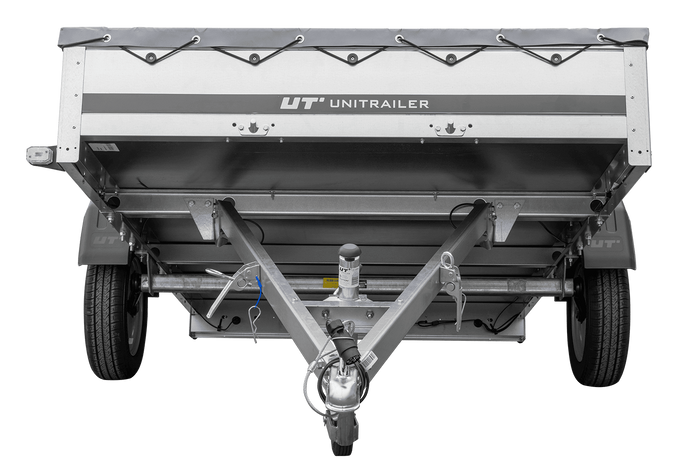 PKW Anhänger 264×150 UNITRAILER GARDEN 265 KIPP mit Flachplanenträger und grauer Plane-Neu